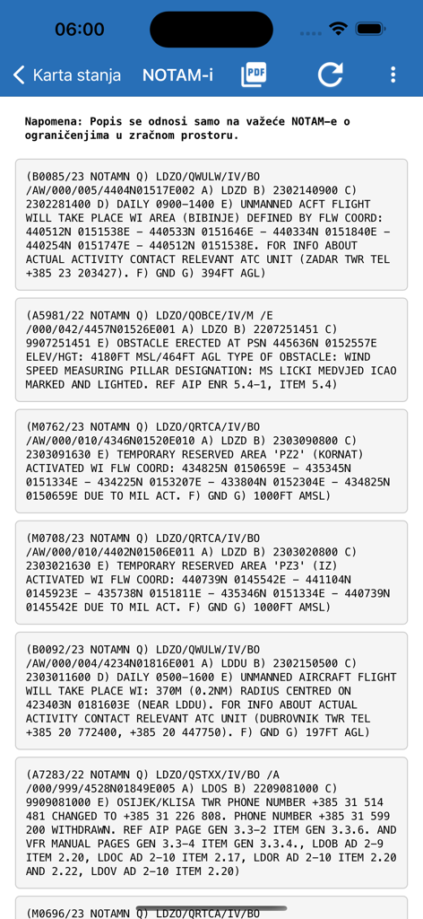 Screenshot of the AMC Portal Mobile app showing a list of official NOTAM notices for air navigation and drone flight restrictions.