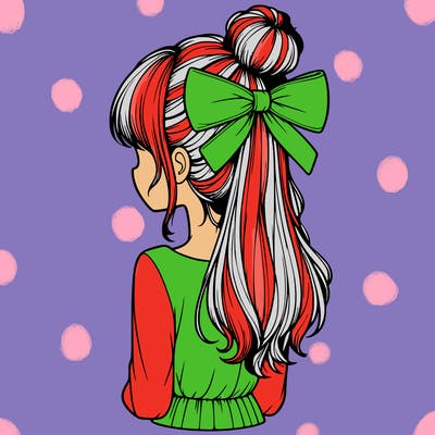 realistic girl  with hip length hair a bun and a big bow on the back of head