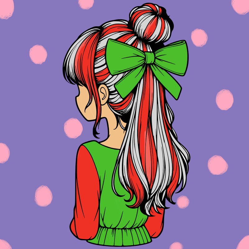 realistic girl  with hip length hair a bun and a big bow on the back of head