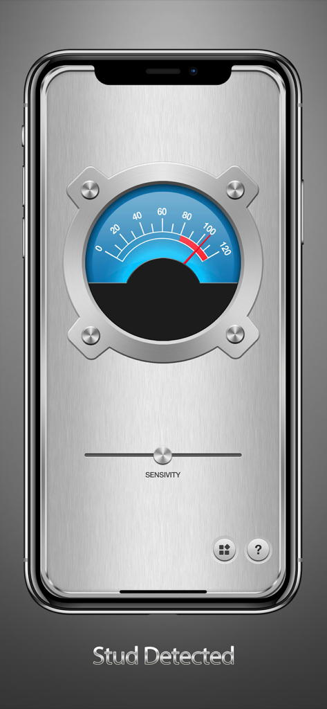 Interface of the Stud Finder app showing a needle on a gauge indicating a stud is detected