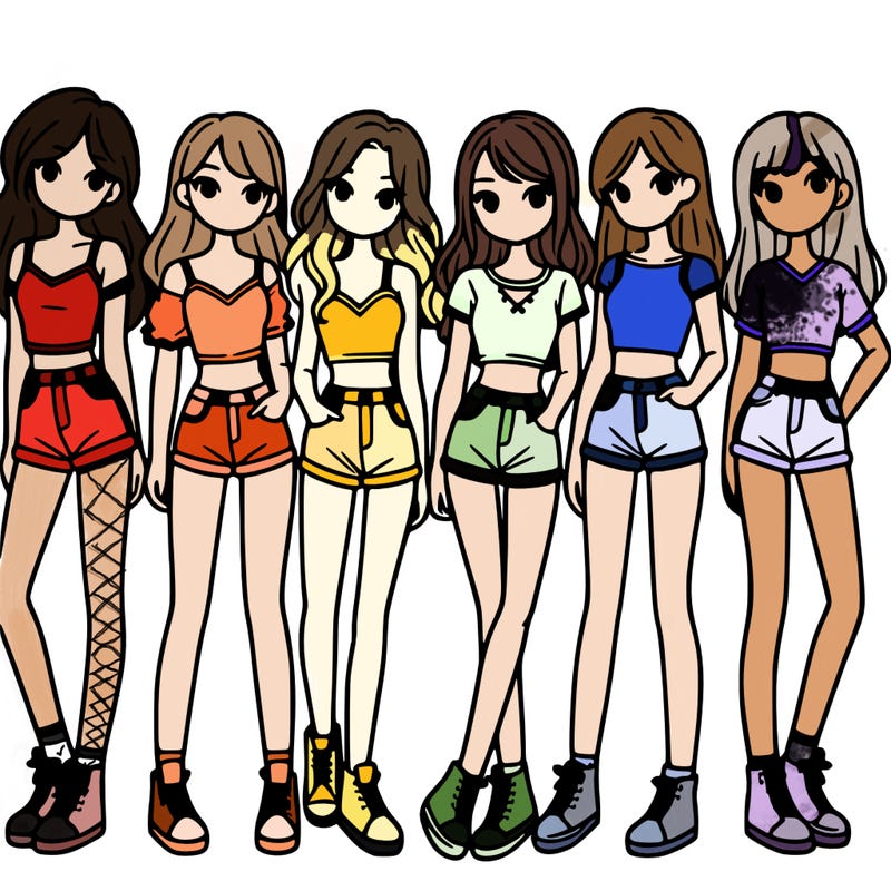 a group of girls wearing crop tops and shorts