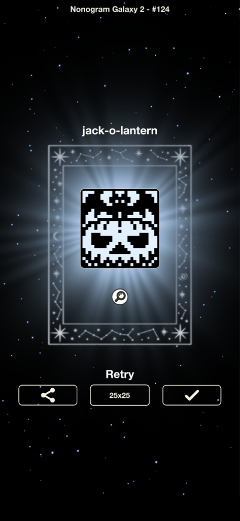 Nonogram galaxy 2 - Thema - Un puzzle nonogram completato di pixel art di una Jack-o'-lantern nell'app Nonogram Galaxy 2 con uno sfondo a tema spaziale.