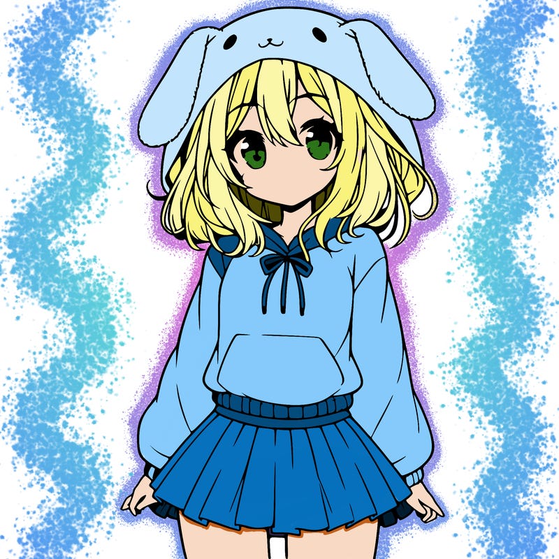 pretty anime girl wearing a fluffy hoodie with bunny ears on the hood and a skirt