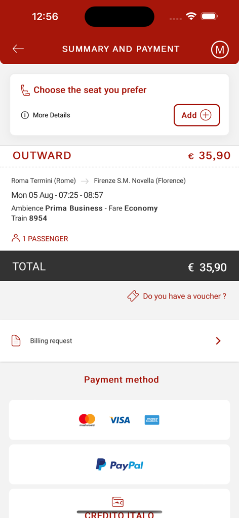 Italo: Italian Highspeed Train - Italo app summary and payment screen showing a train trip from Rome to Florence for thirty five Euros with credit card and PayPal options.
