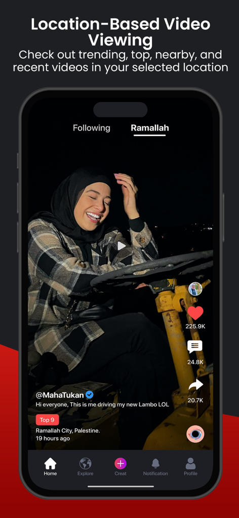 Redz: Explore content nearby - Redz app interface showing a location-based short-form video feed from Ramallah