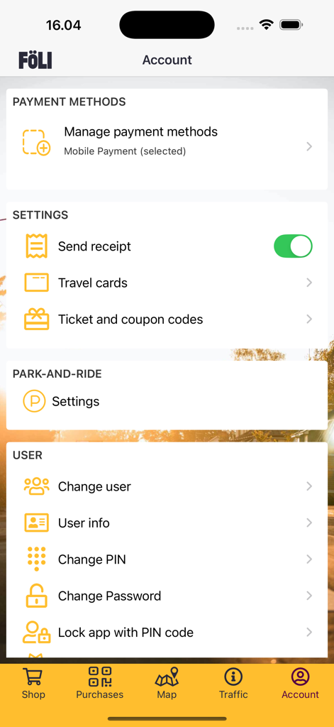 The account management screen of the Foli transit app showing payment methods and user settings