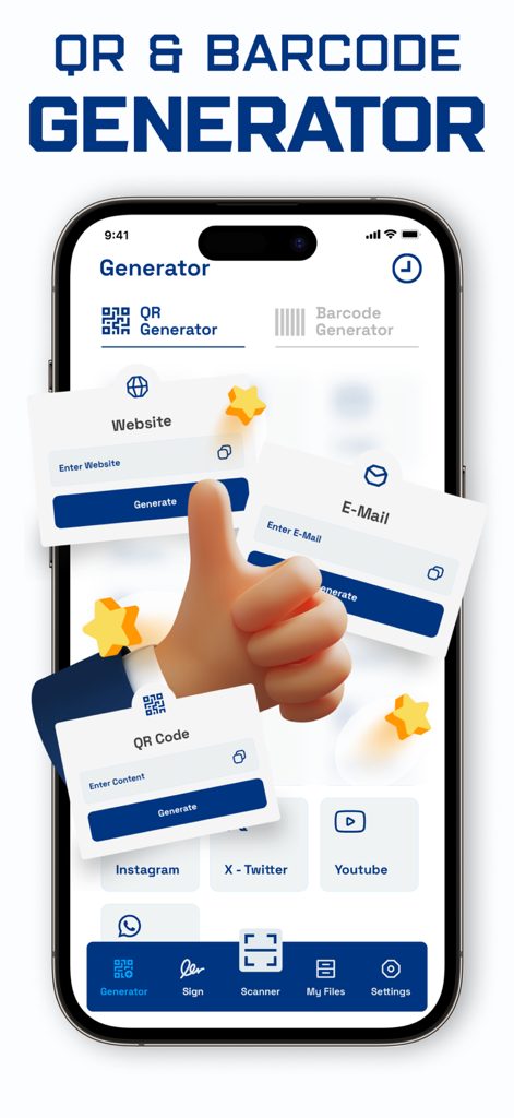 Smartphone screen displaying a QR and Barcode generator app with options to create custom codes for websites and social media