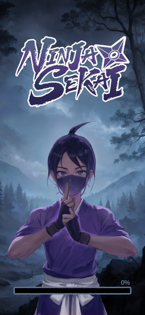 Ninja Sekai - Tela de carregamento do Ninja Sekai com um ninja de anime realizando selos manuais