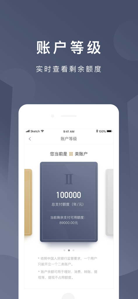 Pantalla de niveles de cuenta y límites de pago restantes de la aplicación móvil JD Wallet