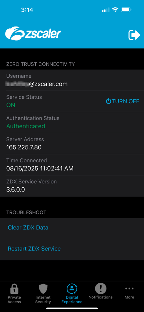 Interface da aplicação Zscaler Client Connector que mostra o estado do serviço e detalhes de conectividade zero trust