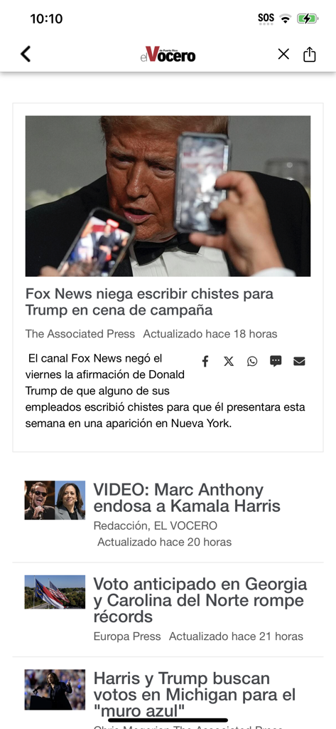 Interfaz de la aplicación móvil El Vocero de Puerto Rico que muestra titulares de noticias actuales y artículos políticos en español.