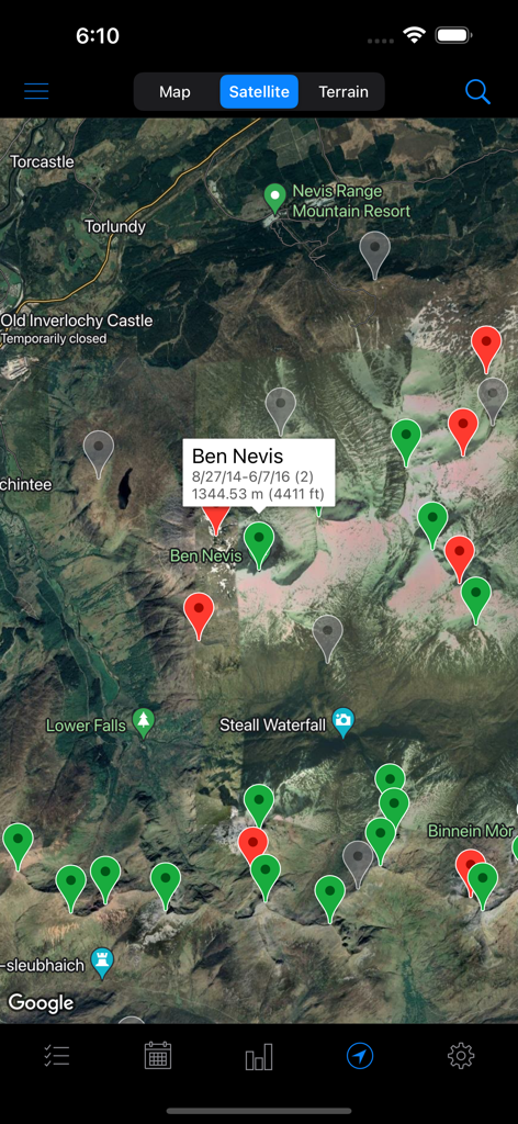 Hill Lists - Satellite map view in Hill Lists app showing various mountain pins and details for Ben Nevis