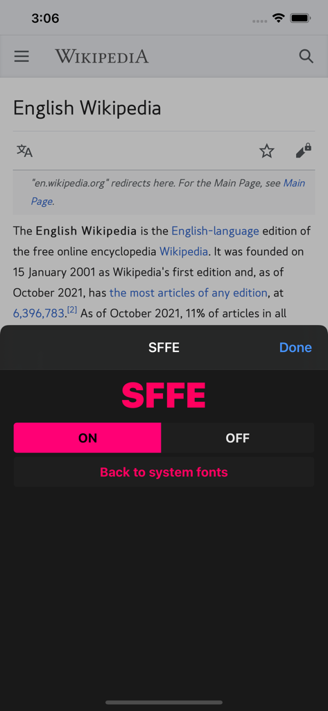 SFFE app interface overlay on a Safari browser window showing Wikipedia with a custom font