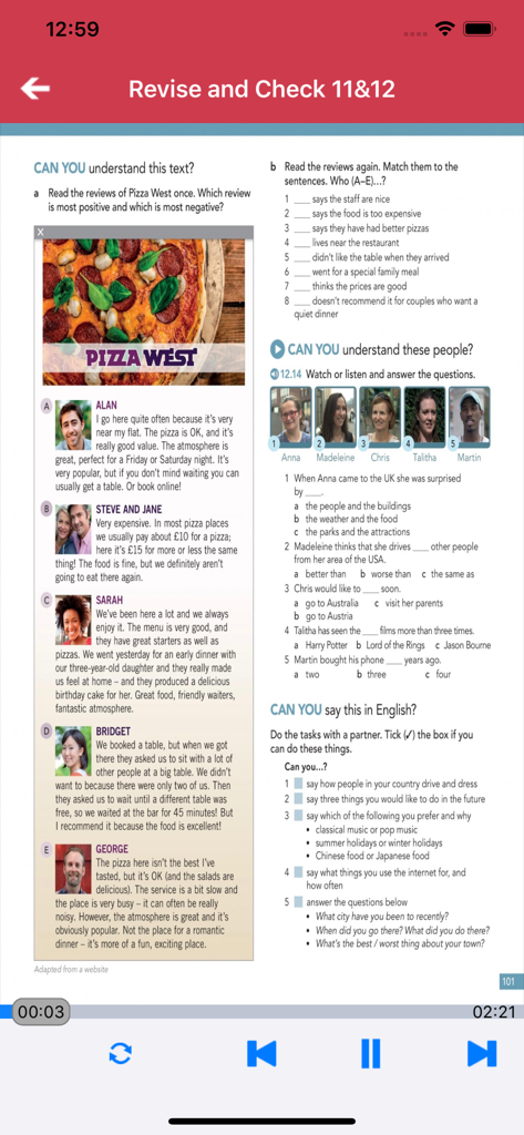 牛津英语 English File -Elementary - Digital textbook page from English File Elementary showing reading comprehension and listening exercises with audio controls.