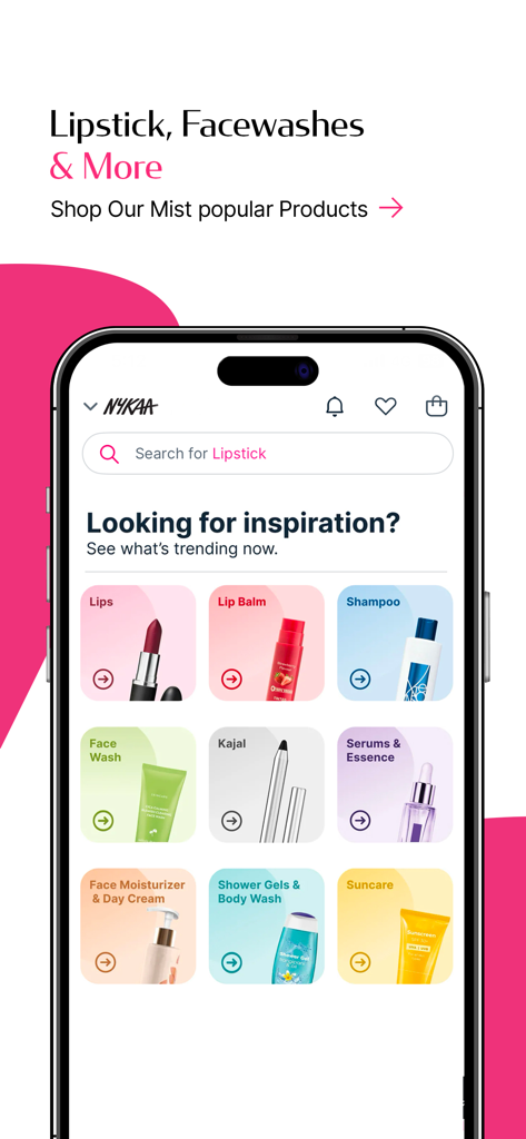 Nykaa – Makeup/Beauty Shopping - Nykaa beauty app interface showing trending product categories like lipstick, facewash, and shampoo