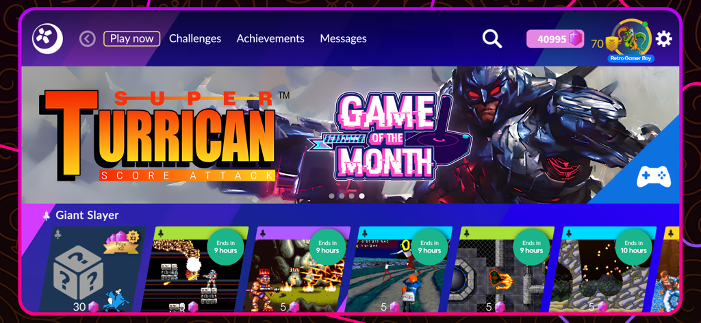 Antstream: Play Retro Games - Antstream Arcade app dashboard featuring Super Turrican and Giant Slayer challenges