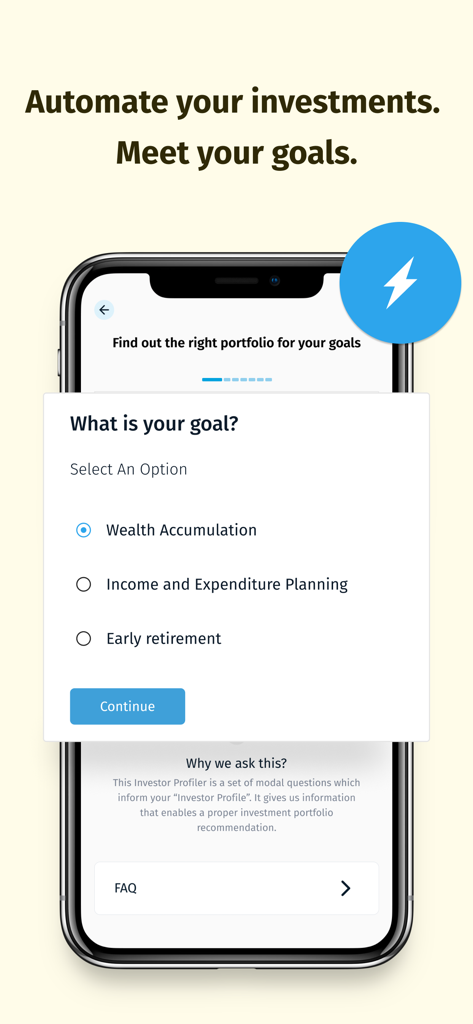 Chaka- Invest & Trade Globally - Chaka mobile app interface showing investment goal selection for wealth accumulation and early retirement