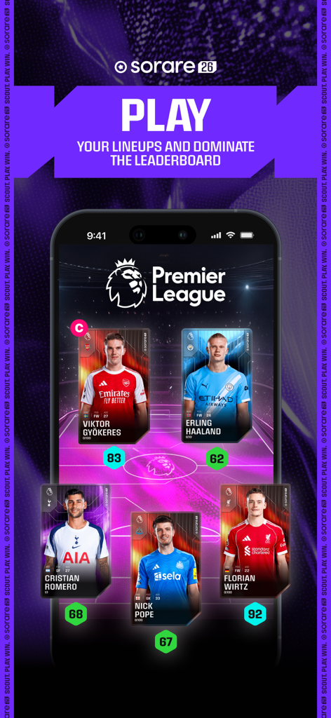 Sorare Fantasy Sports - Sorare App-Bildschirm, der eine Fantasy-Fußballaufstellung der Premier League mit digitalen Spielerkarten zeigt.