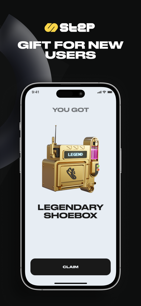 Step App: M2E Running App - Step App interface showing a gift for new users with a legendary shoebox reward and a claim button