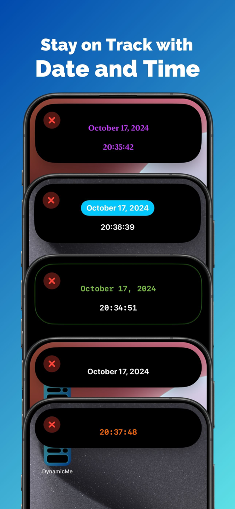 DynamicMe - 다이나믹 아일랜드의 사용자 지정 날짜 및 시간 레이아웃 예시