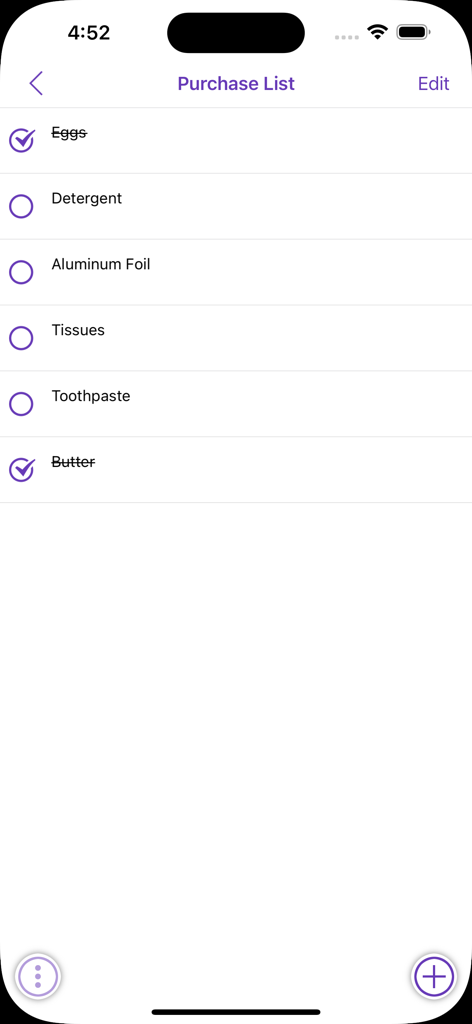 Simple Family Accounting purchase list screen showing a checklist of household grocery items