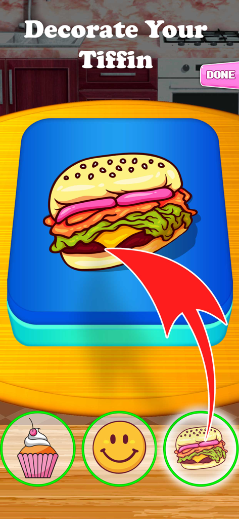 Lunch Box Organizer Game - Decorando a tampa de uma lancheira azul com um adesivo de hambúrguer no Jogo Organizador de Marmita.