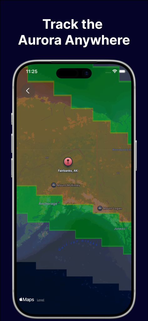 Aurora Now - O aplicativo Aurora Now mostrando um mapa da previsão da Aurora Boreal sobre Fairbanks, Alasca.