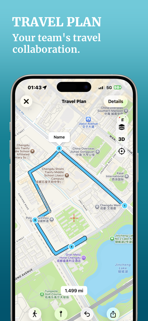 MyTracks: GPS Recorder - MyTracks app interface showing a travel plan with a blue route and numbered waypoints on a city map