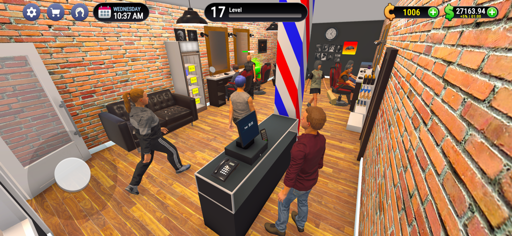 Hair Salon Simulator 3D - 3D interior view of a busy hair salon with a reception desk and clients