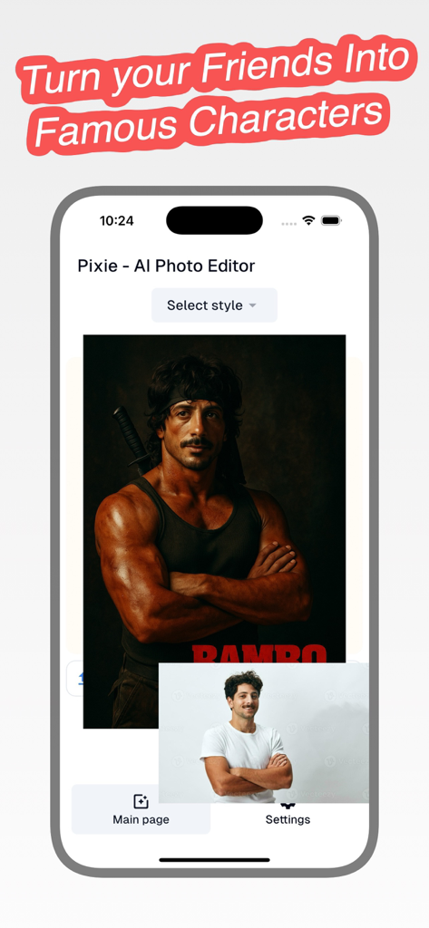 A side by side comparison of a man being transformed into an action hero character using the Pixie AI photo editor app.