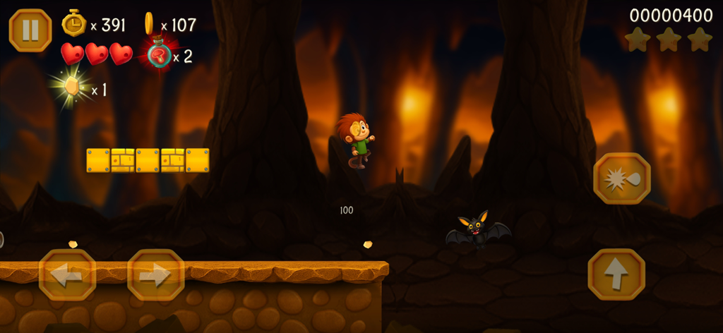 Super Kong Jump - Monkey Bros - A monkey character jumping in a dark cave level of Super Kong Jump