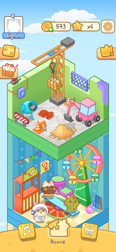 Infinity Cats - Una captura de pantalla de la función Cat Sweet Home en Infinity Cats que muestra una torre de gatos decorada de dos pisos con temas de construcción y circo.