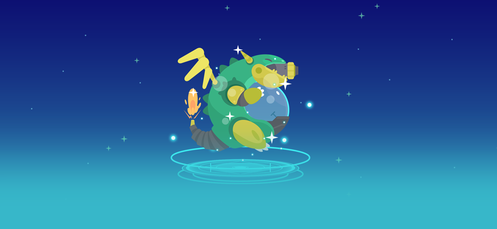 Dinosaur Chinese: Learn & Play - A green dinosaur mecha robot with yellow wings flying in a starry space environment