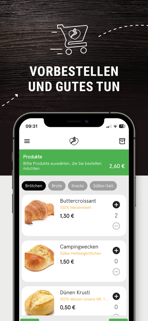 Backbord - Smartphone screen of the Backbord bakery app showing a list of products like croissants and rolls for pre-ordering.