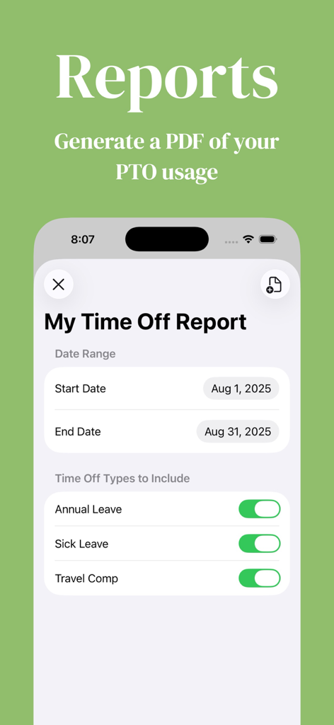 My Time Off Tracker 2 - Mobile app interface for generating a PDF report of PTO usage including date range and leave type options
