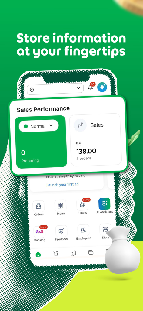GrabMerchant app interface showing sales performance dashboard and business management icons