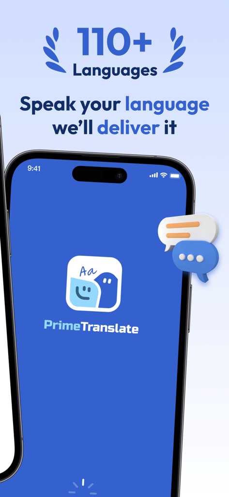 PrimeTranslate - Pantalla de inicio de la aplicación PrimeTranslate destacando el soporte para más de 110 idiomas