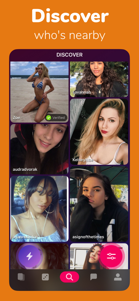 Pantalla de descubrimiento de la aplicación Flercha que muestra una cuadrícula de perfiles femeninos cercanos