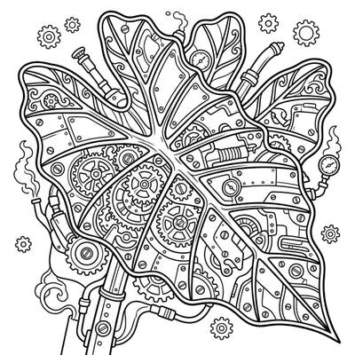 Dive into a world where nature meets machinery with this captivating Steampunk Alocasia leaf coloring page. Discover an intricate design brimming with gears, pipes, and Victorian-era charm, perfect for adult and teen colorists.