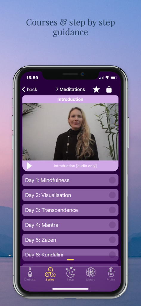 Interfaz de la aplicación MYditation que muestra un curso de meditación de siete días y un video del instructor
