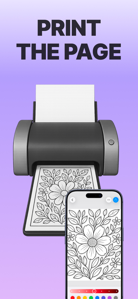 Coloring Book Ai - ColorFilla - Smartphone displaying a floral coloring page next to a printer printing the design