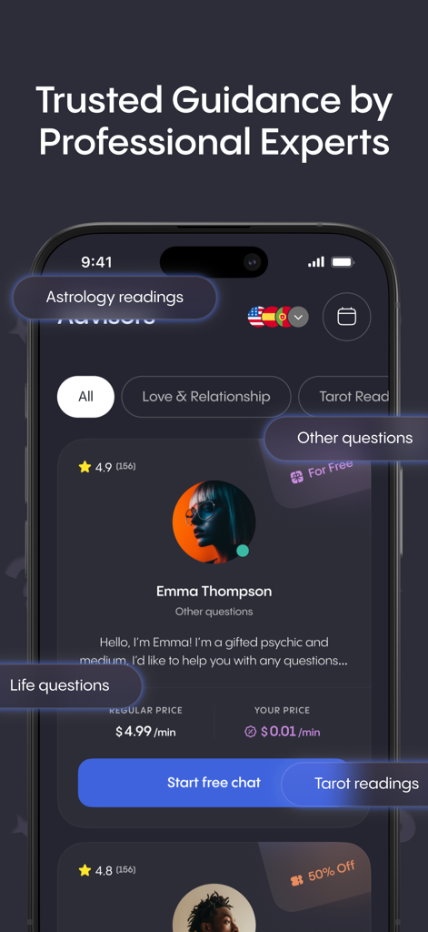 AstroBook: Astrology Insights - Mobile screen showing professional astrology and psychic advisors in the AstroBook app