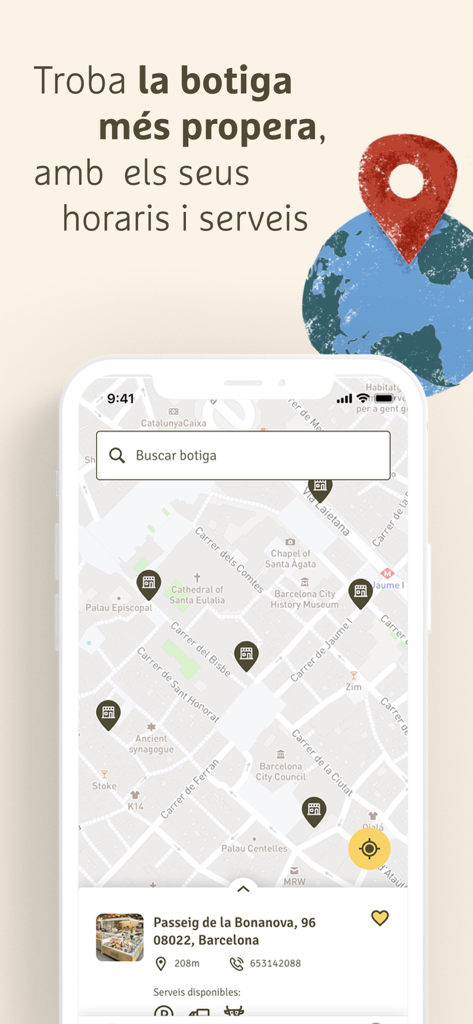 Ametller Origen mobile app interface showing a map with nearby supermarket locations and store details