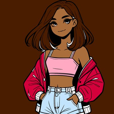 a realistic girl with a crop top and short shorts in an open jacket