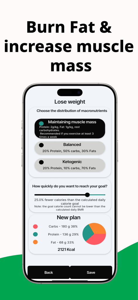 iPhone screen showing macronutrient distribution options and calorie goals for fat loss and muscle gain in the Live Longer app