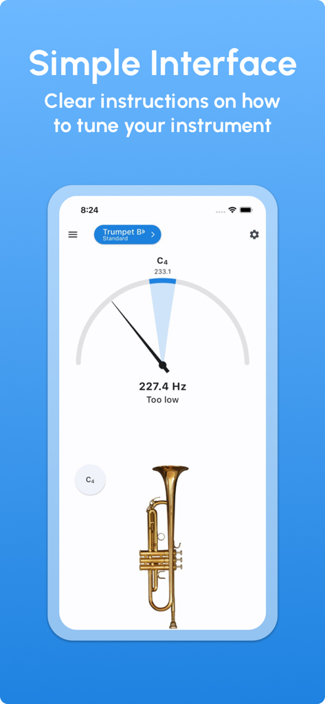 Trumpet Tuner - LikeTones - Un smartphone que muestra la interfaz simple de la aplicación Trumpet Tuner LikeTones con una aguja de afinación y lectura de frecuencia.