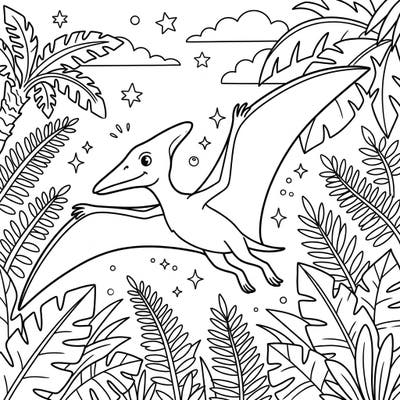 Embark on a creative journey to the prehistoric world with this charming Pterodactylus coloring page. Watch this magnificent flying reptile soar above lush Jurassic flora, ready for your vibrant colors.