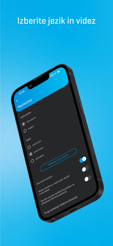 Moj Telekom app settings screen showing language options and theme selection on an iPhone.