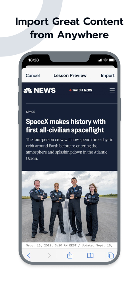 Captura de tela do aplicativo LingQ mostrando um artigo de notícias sobre a SpaceX sendo importado para criar uma lição de aprendizado de idiomas