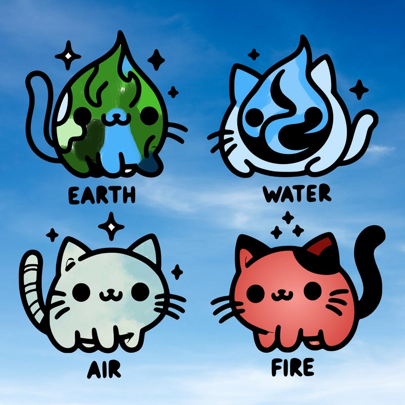 4 cats that represent the different elements, earth, water, air, and fire